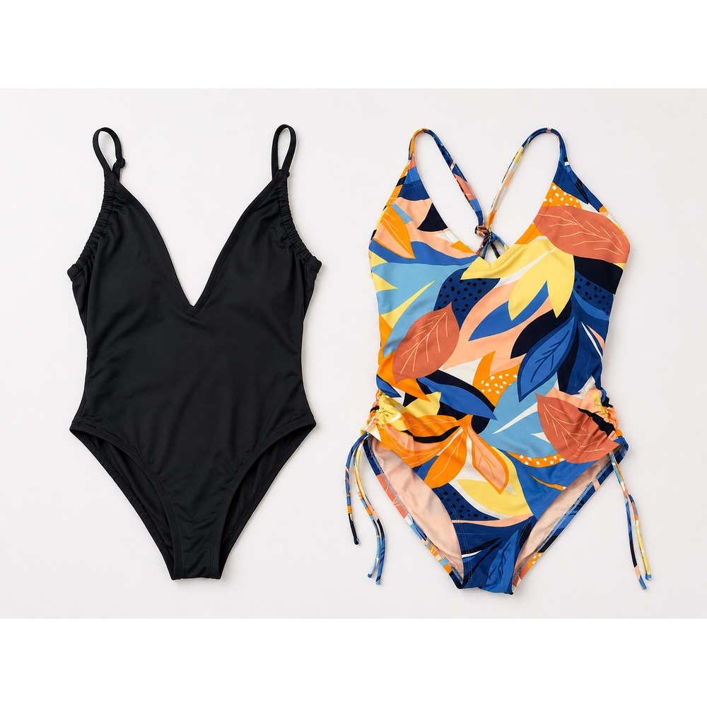 Kona Sol Womens One Piece Swimsuit Bundle Black and Tropical Leaf Print Size M